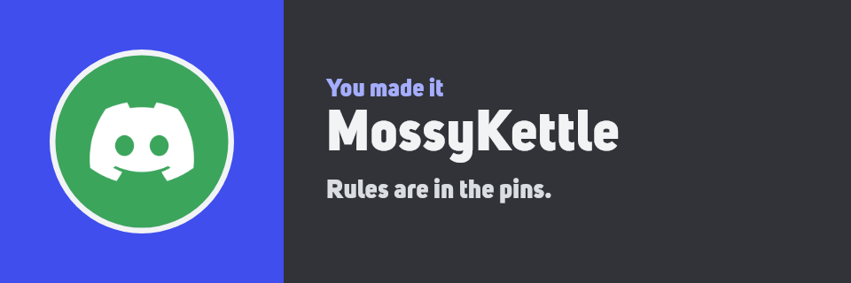 A Split template welcome card for MossyKettle: a blurple avatar panel beside the text